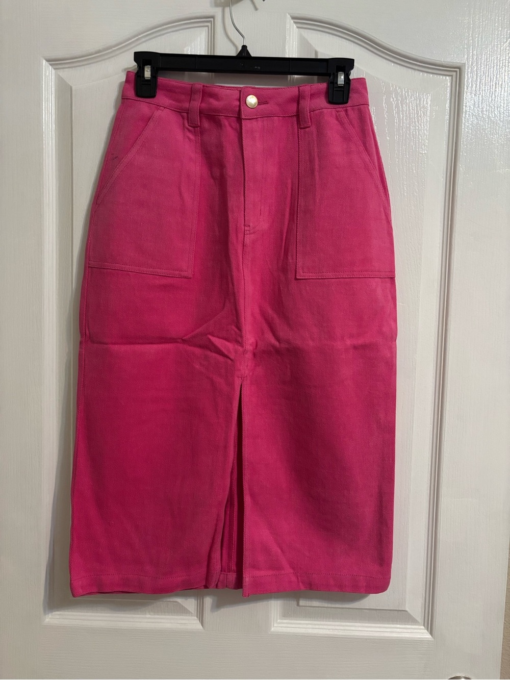 High-Waist Pink Midi Skirt with Front Slit